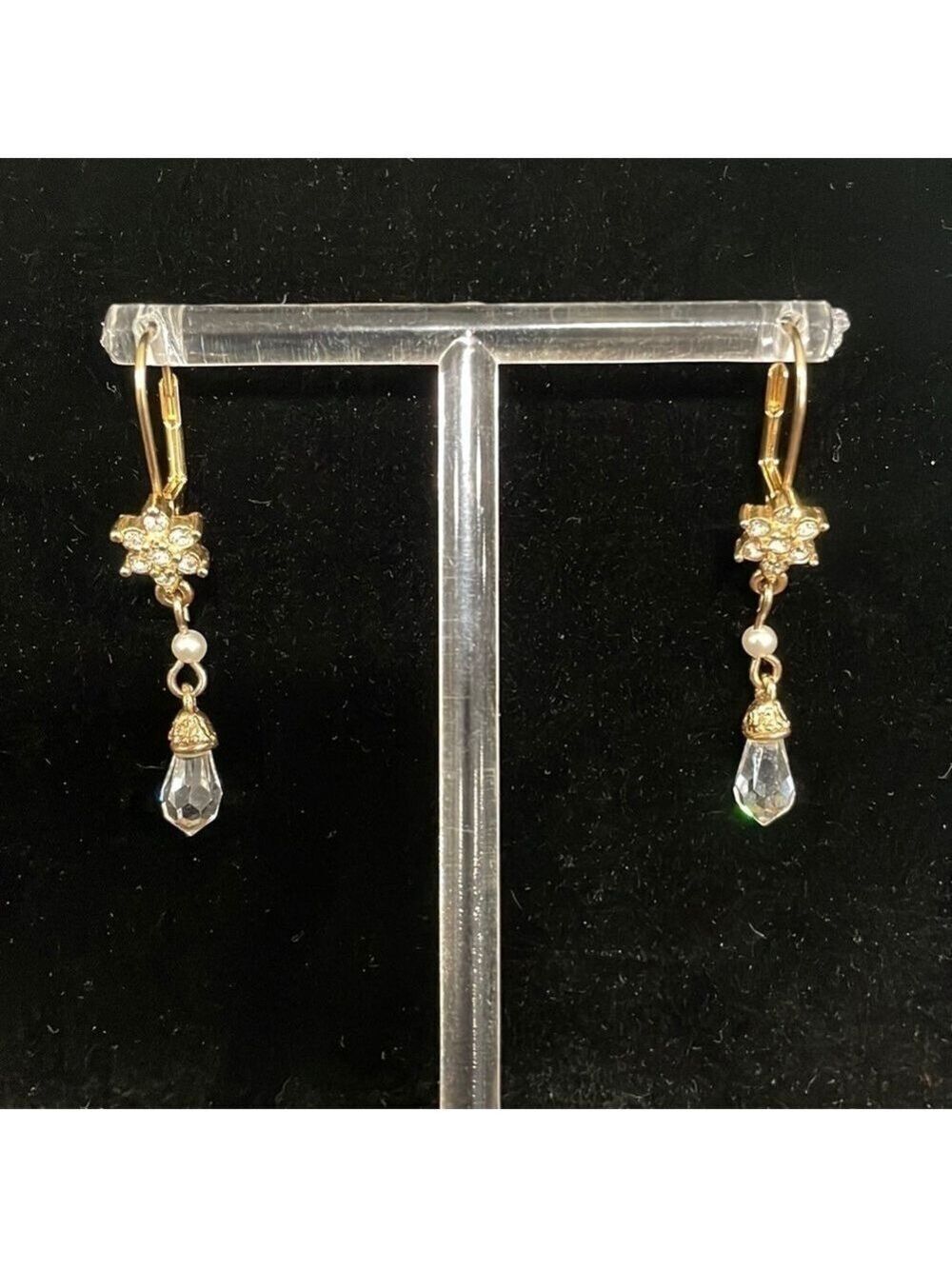 Rhinestone, faux pearl and faceted crystal drop earrings gold tone